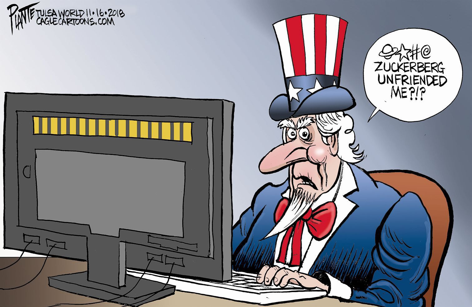 Bruce Plante Cartoon: Uncle Sam and Facebook